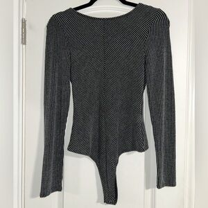 Pink Lily Black and Gray Striped Bodysuit